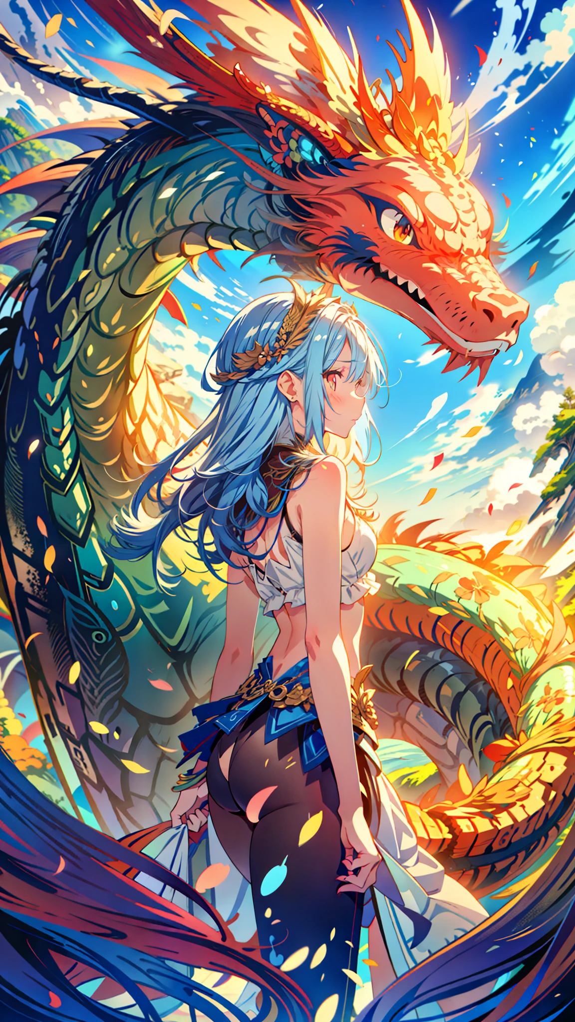 painting of a woman standing in front of a dragon, dragon girl, the dragon girl portrait, dragon art, age girl riding a dragon, colossal dragon as background, anthro dragon art, anime fantasy artwork, detailed dragon, dragon portrait, quetzalcoatl, dragon kissing, dragon queen, cyan chinese dragon fantasy, epic dragon, queen of dragons, 4k professional painting, game, detailed key anime art, illustation, a beautiful artwork illustration, beautiful digital painting, highly detailed digital painting, beautiful digital artwork, detailed painting 4 k, very detailed digital painting, rich picturesque colors, gorgeous digital painting
