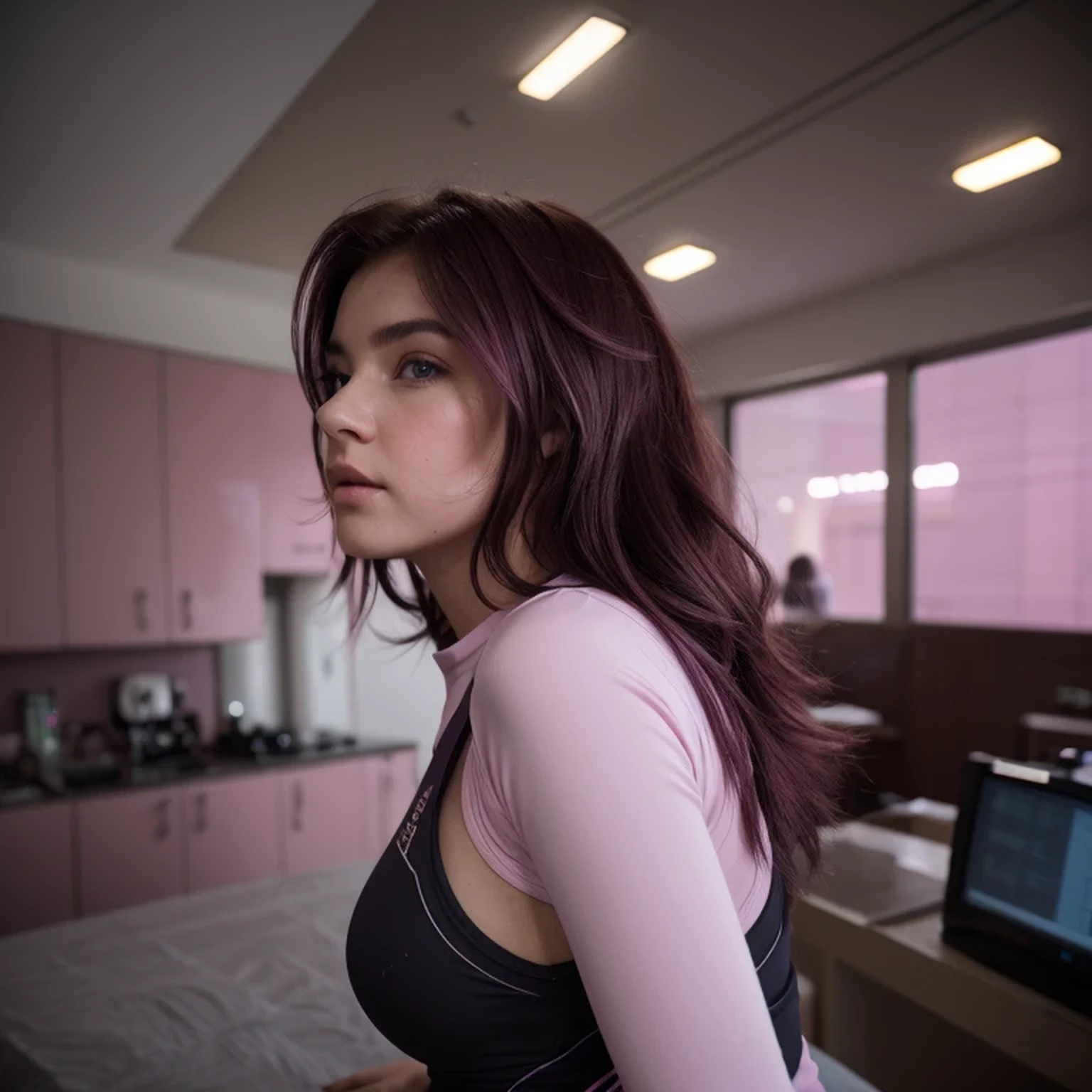 photo of a college student, Purple-Pink Gradient, futuristic space suit, (Color tattoo:0.8) cute face, sci-fi, dystopian, detailed eyes, Heterochromia eyes（（Side view））Back Room，Breething burgundy hair
