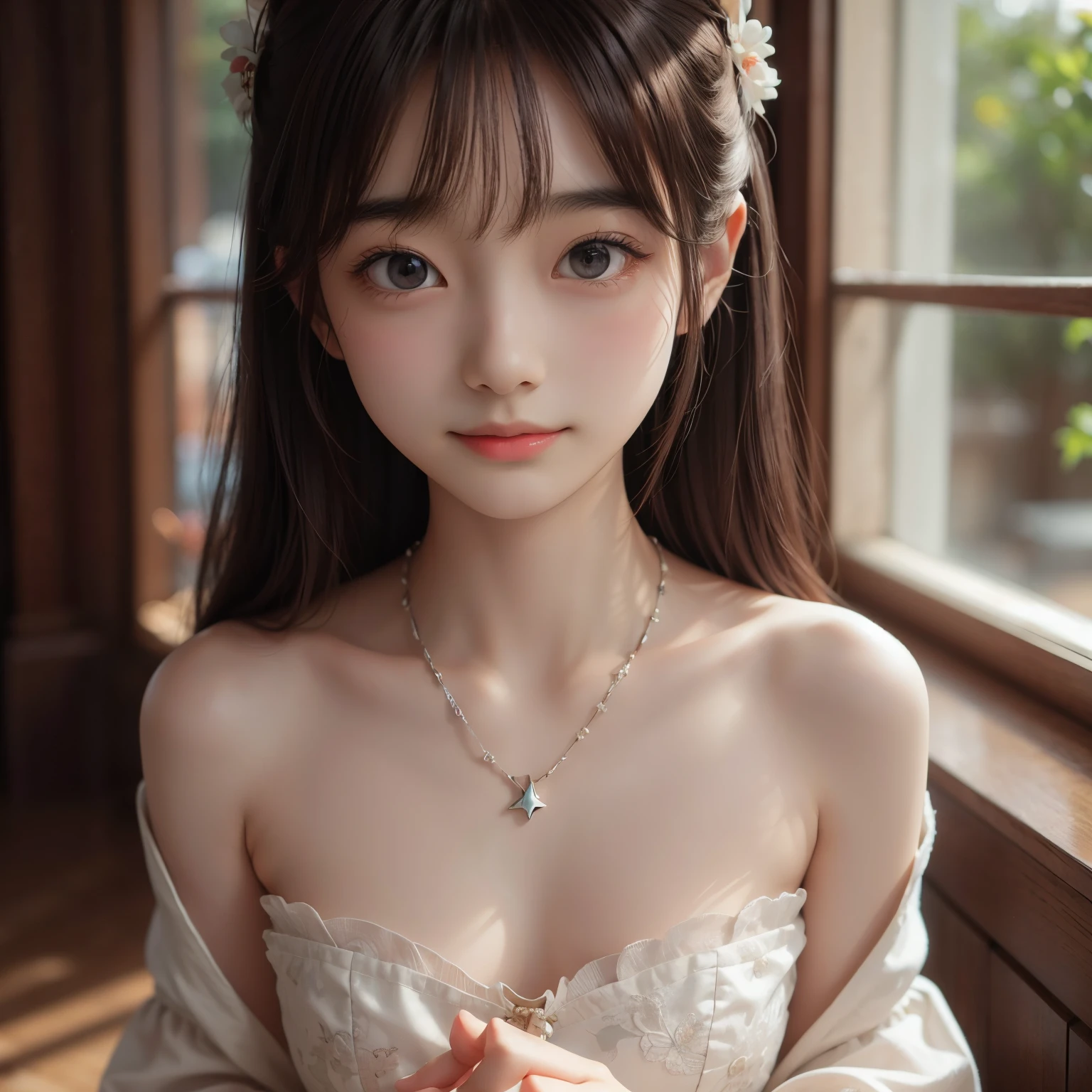 detailed face, cute face,brown eye, Great quality, masterpiece, High Resolutiupon, One girl, blush, (Captivating smile: 0.8), Star Student, chinese hanfu, hair accessory, necklace, jewelry, beauty, upon_body, Tyndall effect, Realistic, Shadow Room, Light Edge, Two-tupone Lighting, (Skin with attention to detail: 1.2), 8k UHD, SLR, Soft Light, high quality, Volumetric lighting, snapshot, High Resolutiupon, 4K, 8k, Background Blur, Real Persupon