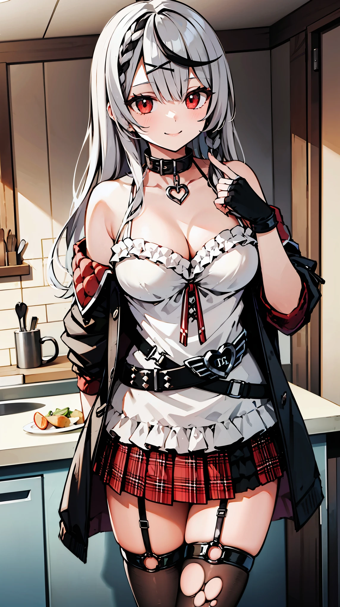 ((masterpiece, best quality, highres)), depth of field, 
BREAK, 1girl, standing behind the kitchen, ((cooking)), smile, 
BREAK, (indoors, kitchen),    
BREAK, (sakamata chloe, garter straps, fingerless gloves, torn thighhighs, grey hair, multicolored hair, plaid skirt, cleavage, x hair ornament, red skirt, black collar, white camisole, breasts, braid, black belt, long hair, black jacket), ((red eyes)), ((Beautiful detailed eyes))