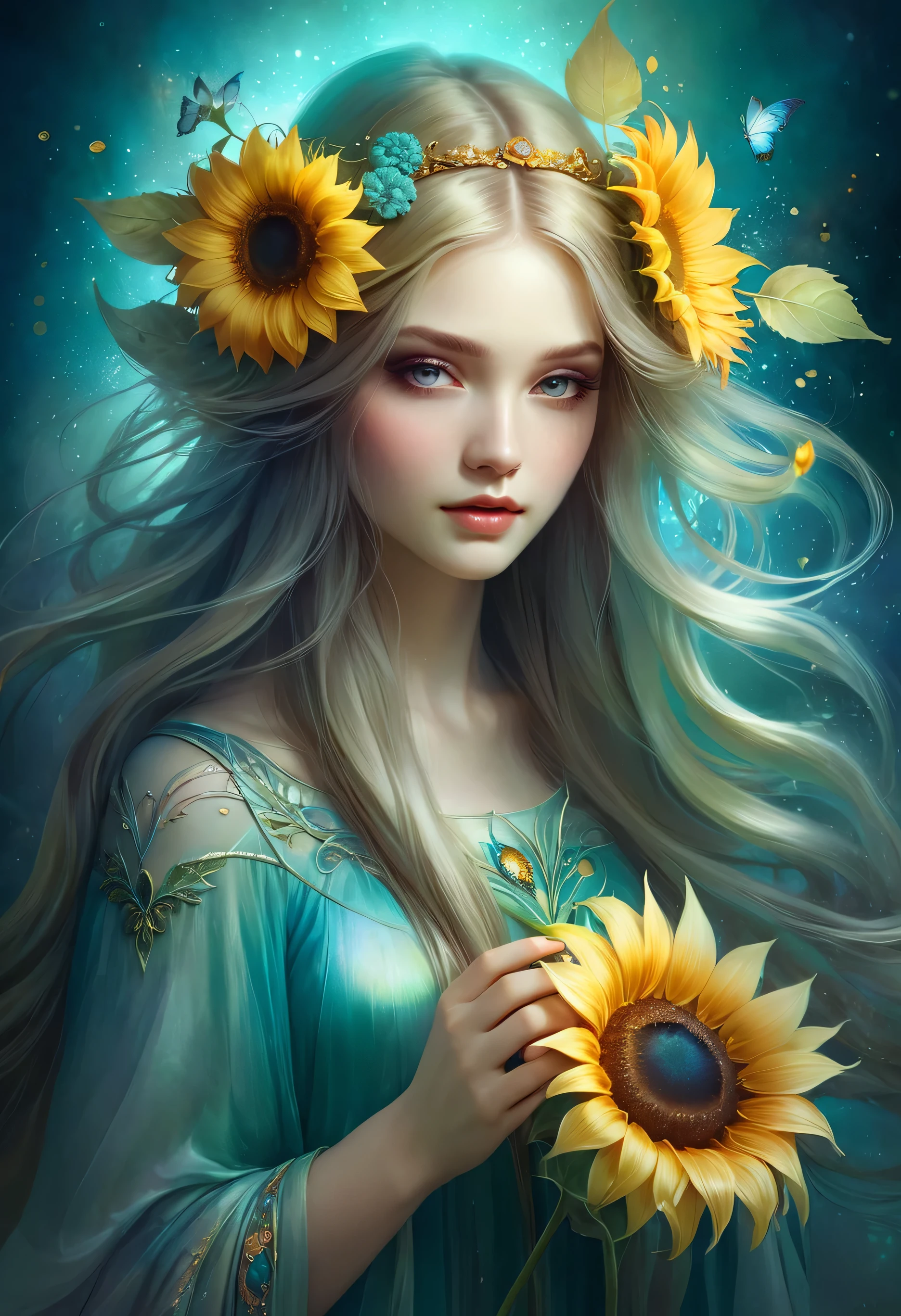 a woman with long hair holding a flower in her hands, by Anna dittmann, trending on cg society, fantasy art, flower goddess, holding magic flowers, beautiful sunflower girl, beautiful fantasy art, a stunning young ethereal figure, ethereal beauty, beautiful depiction, beautiful fantasy painting, beautiful fantasy art portrait, girl with a flower head, beautiful digital art,cm™