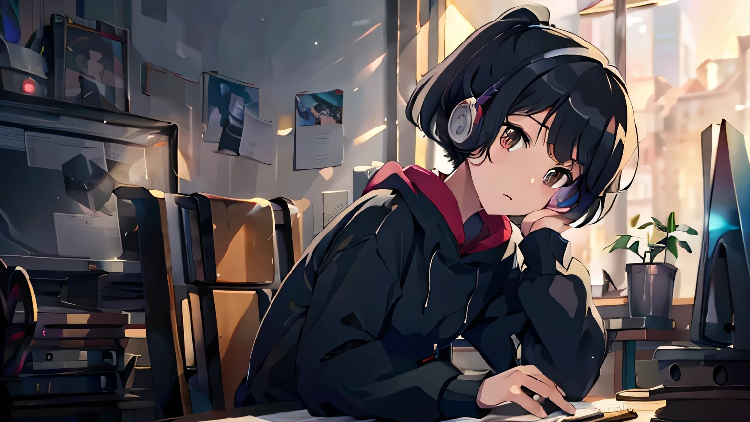 (highres,best quality:0.8),(highres,best quality:0.8),anime illustration, black-haired boy wearing a black hoodie, relaxed sideways pose