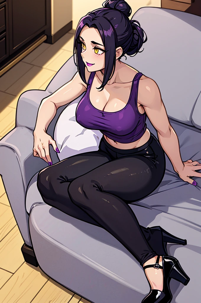 image of a 5'9ft tall woman, with black hair tied in a updo, pale skin and golden yellow eyes. wearing a silk violet tank top with a bra underneath her tank top, black pants and black heels. she has an athletic voluptuous body and has a small breast size. she has purple lipstick, purple painted fingernails. she has a seductive smile