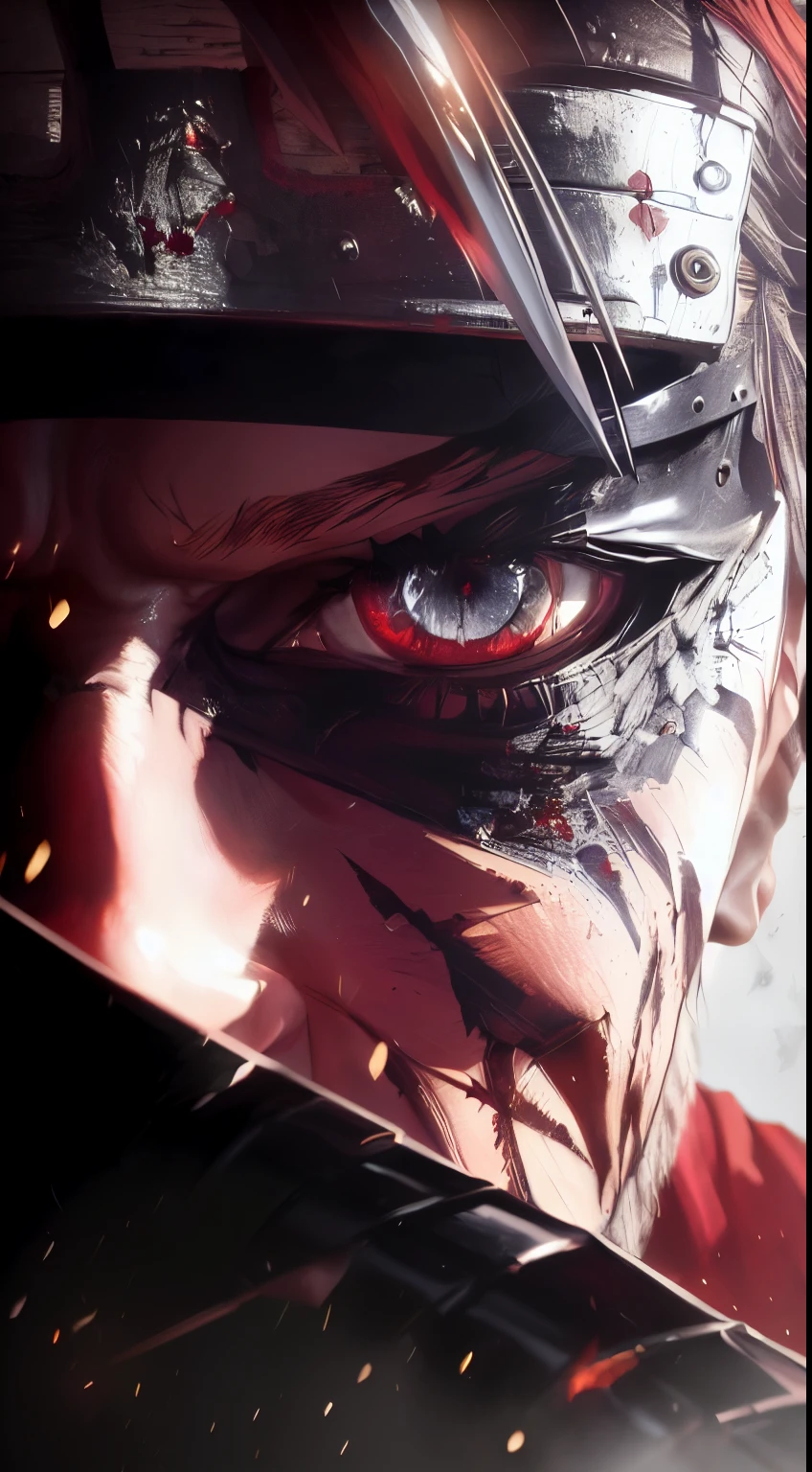 anime character with a knife in his hand and a bloody face, sekiro, 4k concept art and hyper realism, badass anime 8 k, shinobi, joker looks like naruto, snk, joker as naruto, ultra realistic concept art, akihiko yoshida. unreal engine, inspired by Kanō Hōgai, tekken 7, trending on artstationhq (RED EYES)
