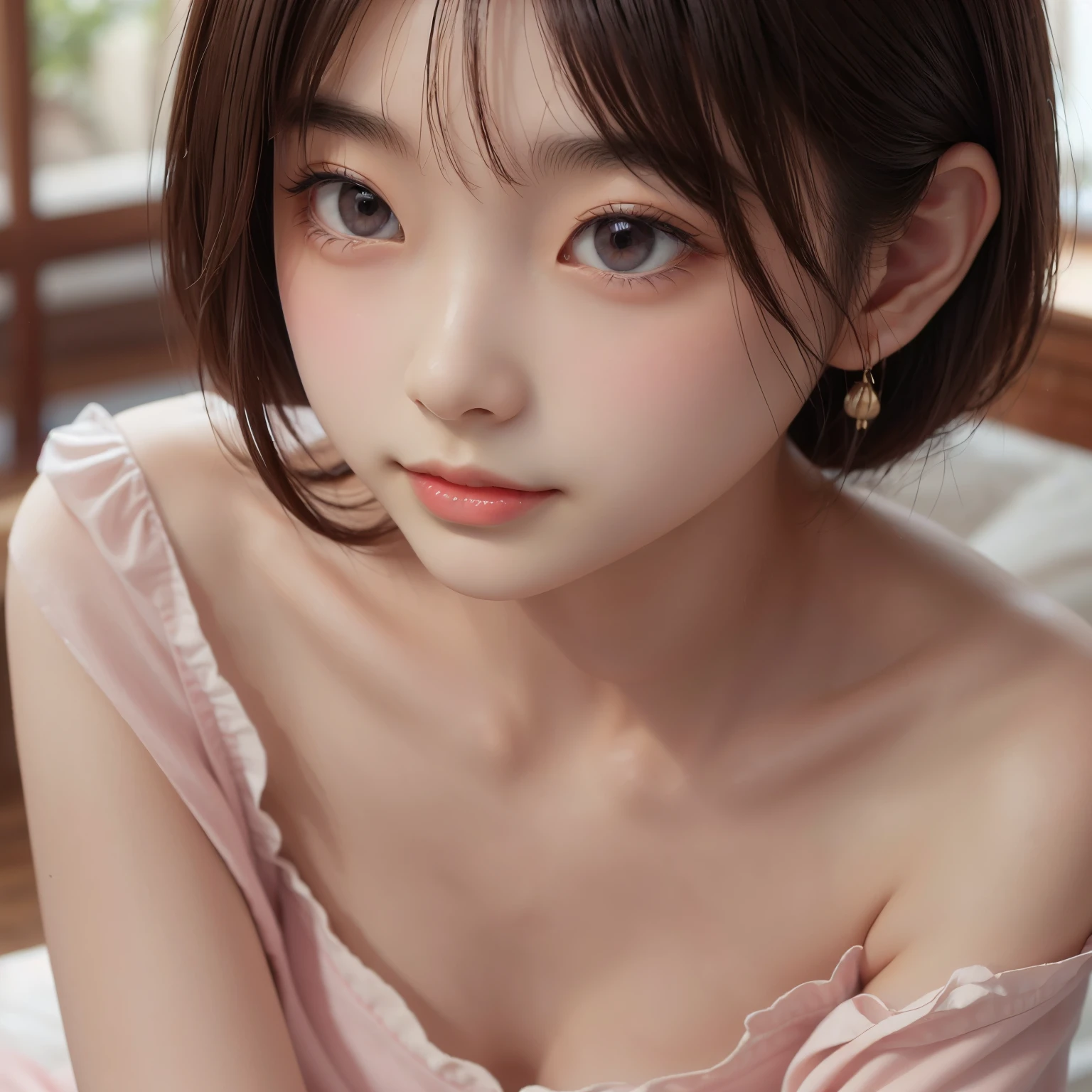 detailed face, cute face,brown eye, Gentle and attractive Chinese beauty, Half-body photo, Delicate and sexy collarbone, Attractive oval face, double eyelid, Bright pink eyes, Pink Lips, Small Nose, Exposing shoulders, Concentrated face, Face close-up, Ultra-high resolution, Super detailed, Elegant standing posture, Korean style puff sleeve square collar slim short shirt, Pair it with a high-waisted light-colored jeans suit.