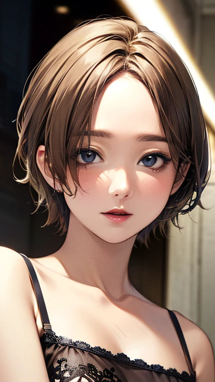 (Top quality masterpiece:1.2) Delicate illustrations, Very detailed, /Beautiful Japanese Woman、1 person,Very cute and slim、Excellent style 、((8K images、super high quality))、Very delicate face, Beautiful forehead、Beautiful thighs、Bright red lipstick,(((((short hair、Light brown hair、Blonde hair))))),very cute、Kind eyes,((((Sexy Lingerie))))、starry skies、Tokyo night view