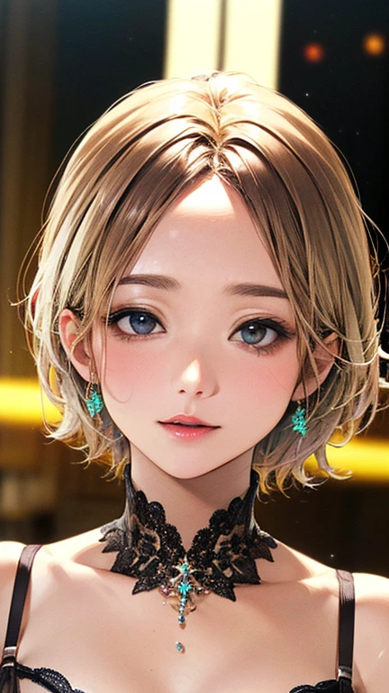 (Top quality masterpiece:1.2) Delicate illustrations, Very detailed, /Beautiful Japanese Woman、1 person,Very cute and slim、Excellent style 、((8K images、super high quality))、Very delicate face, Beautiful forehead、Beautiful thighs、Bright red lipstick,(((((short hair、Light brown hair、Blonde hair))))),very cute、Kind eyes,((((Sexy Lingerie))))、starry skies、Tokyo night view