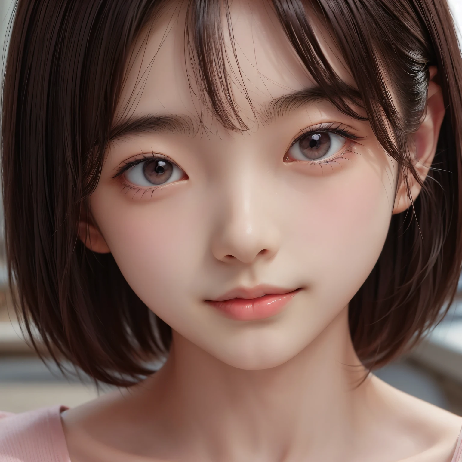 detailed face, cute face,brown eye, Gentle and attractive Chinese beauty, Half-body photo, Delicate and sexy collarbone, Attractive oval face, double eyelid, Bright pink eyes, Pink Lips, Small Nose, Exposing shoulders, Concentrated face, Face close-up, Ultra-high resolution, Super detailed, Elegant standing posture, Korean style puff sleeve square collar slim short shirt, Pair it with a high-waisted light-colored jeans suit.