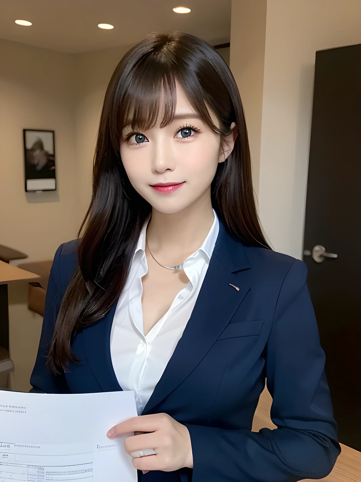 Tabletop, highest quality, Very detailed, finely, High resolution, 8k wallpaper, Perfect dynamic composition, Beautiful and beautiful eyes,  Natural Lip,blazer , Dark blue business suit , Big Breasts, whole body, blue eyes , Black Choker , parlor , Natural Makeup, beauty secretary , smile, Japanese women  , bangs , Holding a stack of documents