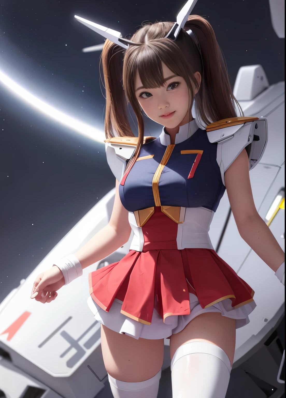 (highest quality)、masterpiece、High resolution、detailed、realism、Mobile Suit Gundam F91 personification、Great highlights on the upper body、Powerful Mech、girl、22 years old, Baby Face、Chibi Character、Flower Helmet、ponytail、Droopy eyes、Modest nose、Moisturized lips、Red cheeks、smile、Round protruding chubby ass、Absolute area、Wet thighs、mini skirt、Spread your legs in an M shape、The genitals are visible、Standing pee、Very affectionate love relationship、Beam rifle、Space、Enemy battle scene、Be enchanted by amazing beauty、