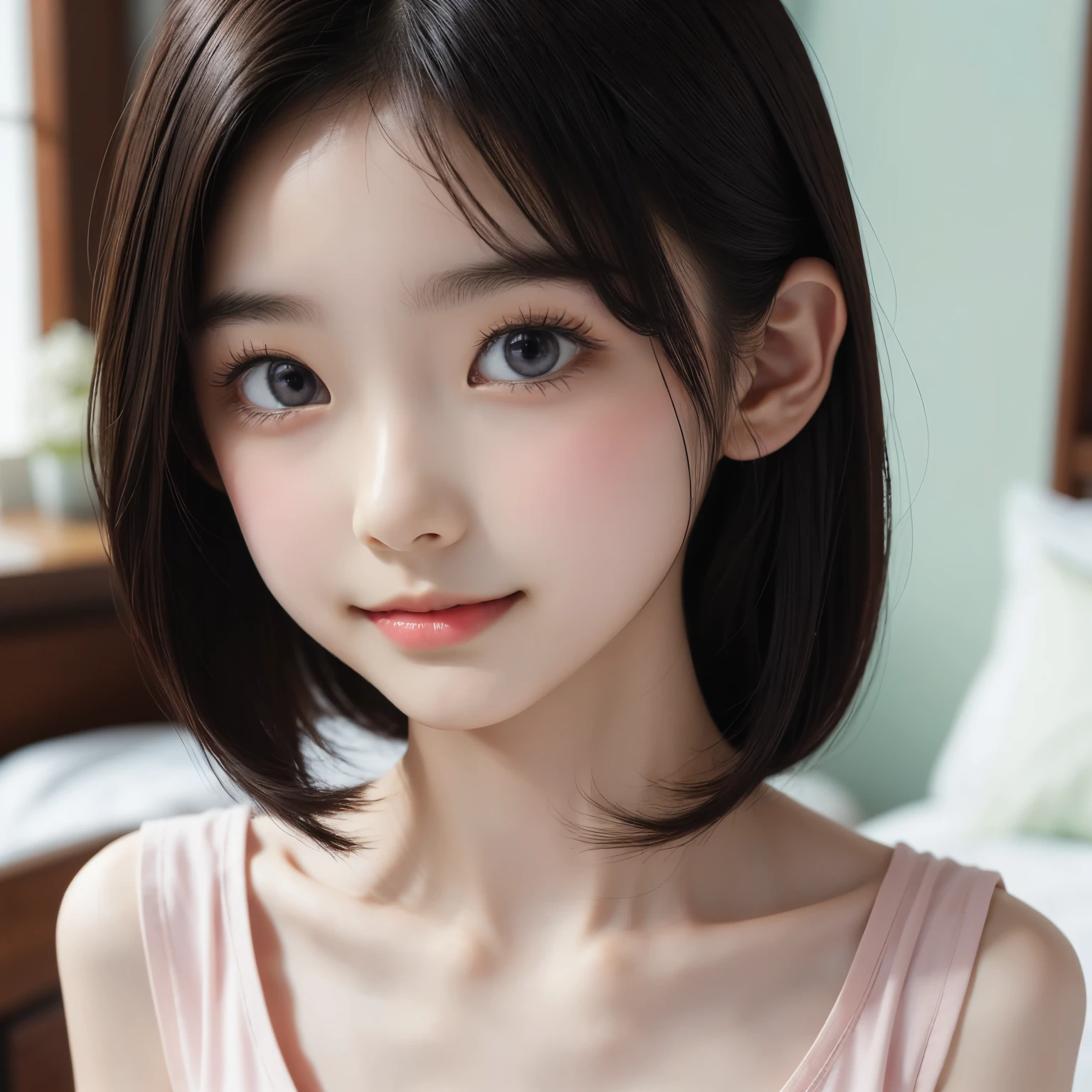 detailed face, cute face,brown eye, Gentle and attractive Chinese beauty, Half-body photo, Delicate and sexy collarbone, Attractive oval face, double eyelid, Bright pink eyes, Pink Lips, Small Nose, Exposing shoulders, Concentrated face, Face close-up, Ultra-high resolution, Super detailed, Elegant standing posture, Korean style puff sleeve square collar slim short shirt, Pair it with a high-waisted light-colored jeans suit.