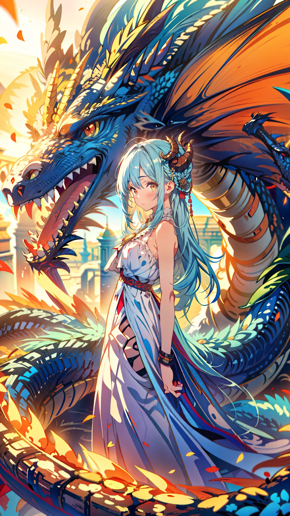 painting of a woman standing in front of a dragon, dragon girl, the dragon girl portrait, dragon art, age girl riding a dragon, colossal dragon as background, anthro dragon art, anime fantasy artwork, detailed dragon, dragon portrait, quetzalcoatl, dragon kissing, dragon queen, cyan chinese dragon fantasy, epic dragon, queen of dragons, 4k professional painting, game, detailed key anime art, illustation, a beautiful artwork illustration, beautiful digital painting, highly detailed digital painting, beautiful digital artwork, detailed painting 4 k, very detailed digital painting, rich picturesque colors, gorgeous digital painting