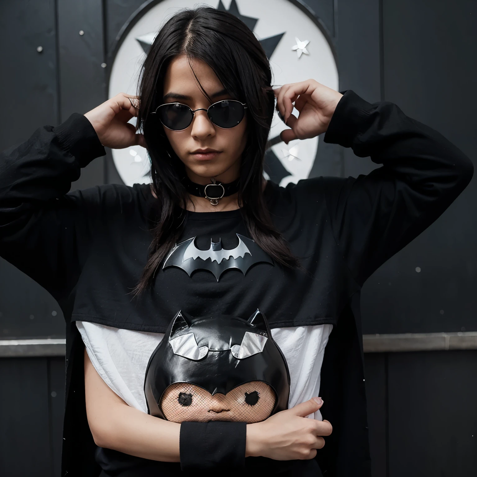 Hombre de cabello negro con lentes emo y cuernos con diamantitos y pijama de batman con mochila de pou tierna
