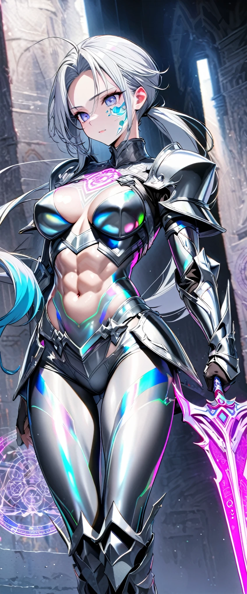best quality, super fine, 16k, beautiful silver pony tail haired knight, wearing shiny plated alloy armor on her chest and lower abdomen, (diagram patterns painted in iridescent neon colors on the skin of the face and body), abs, holy sword, on the magic circle, background halation