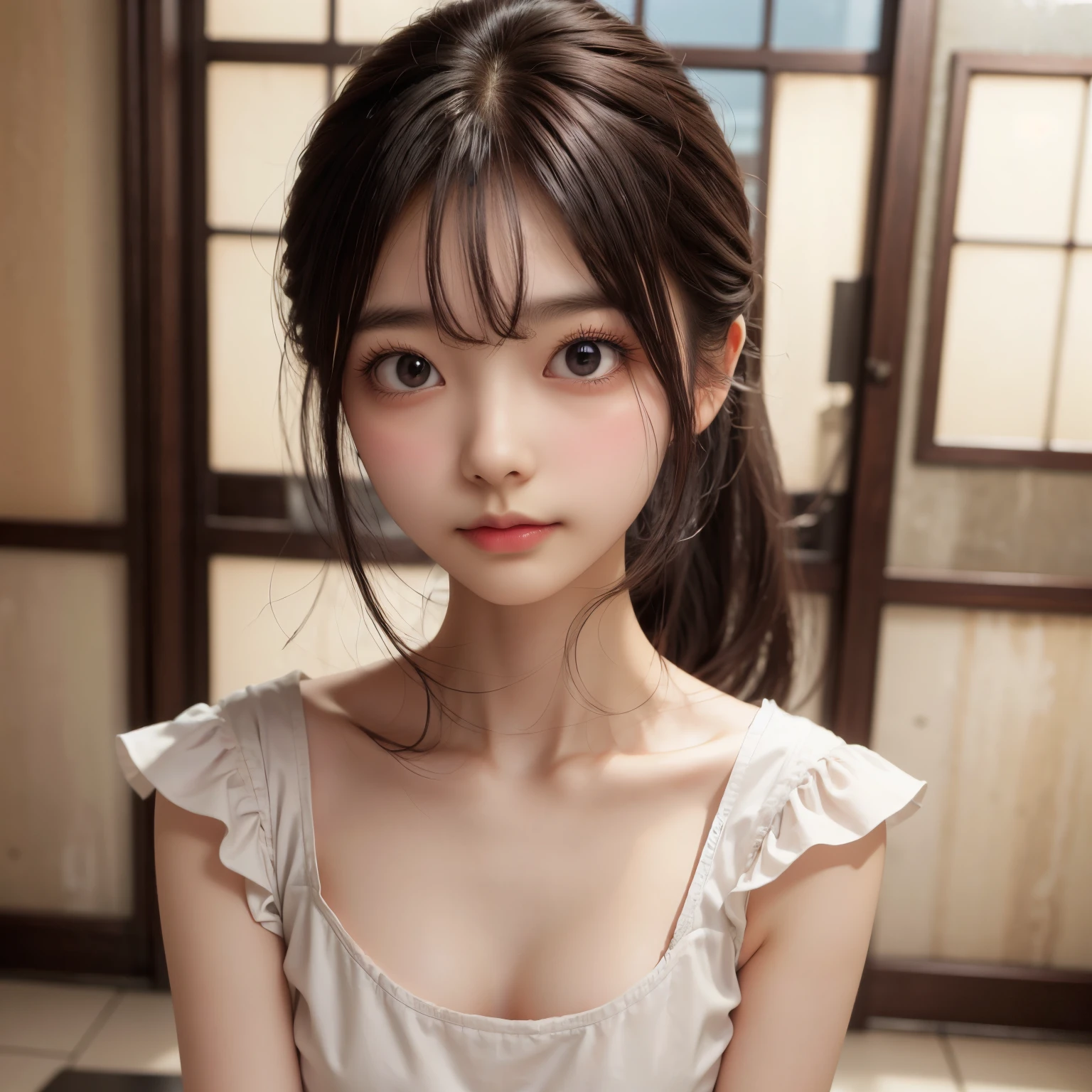 detailed face, cute face,brown eye, Gentle and attractive Chinese beauty, Half-body photo, Delicate and sexy collarbone, Attractive oval face, double eyelid, Bright pink eyes, Pink Lips, Small Nose, Exposing shoulders, Concentrated face, Face close-up, Ultra-high resolution, Super detailed, Elegant standing posture, Korean style puff sleeve square collar slim short shirt, Pair it with a high-waisted light-colored jeans suit.