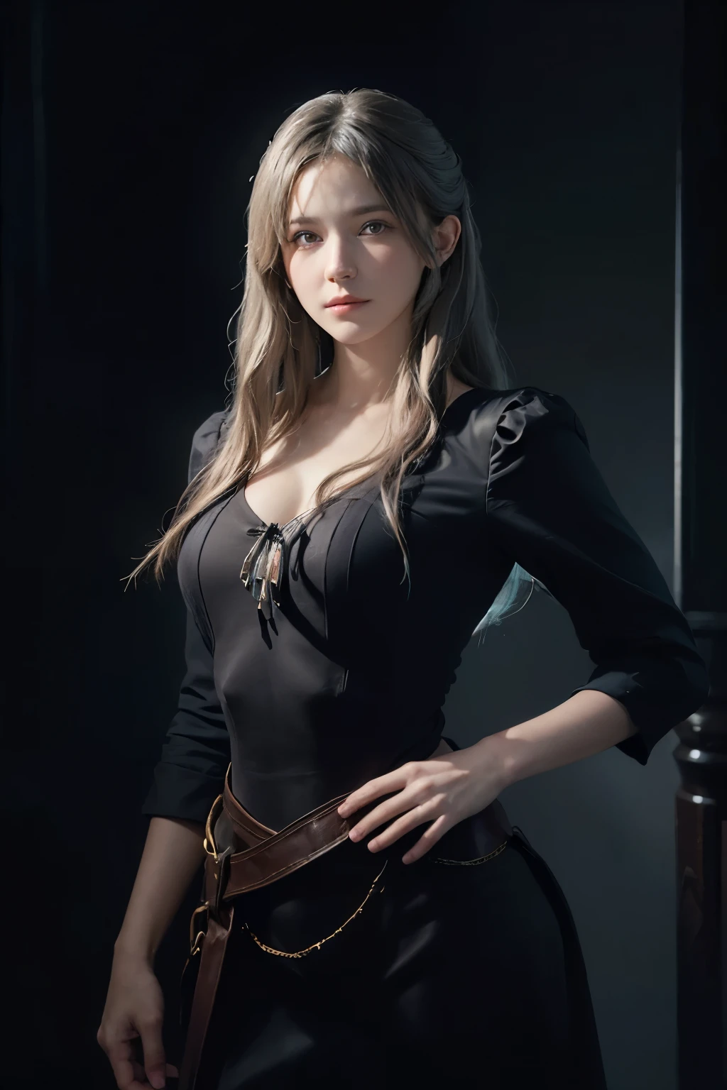 (front focus), (in the dark:1.6), Hyperrealist portrait of female by david hockney and alphonse mucha, fantasy art, photo realistic, dynamic lighting, artstation, poster, volumetric lighting, very detailed faces, 4 k, award winning, 1girl, in the dark, deep shadow, low key, cowboy shot, (official clothing:1.4), long hair, white hair