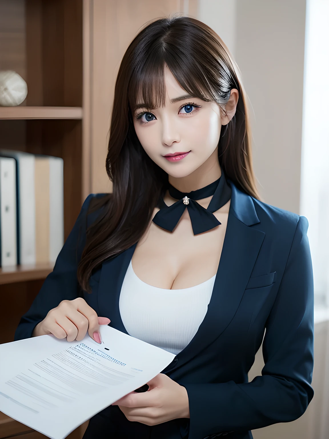 Tabletop, highest quality, Very detailed, finely, High resolution, 8k wallpaper, Perfect dynamic composition, Beautiful and beautiful eyes,  Natural Lip,blazer , Dark blue business suit , Big Breasts, whole body, blue eyes , ((Black Choker)) , parlor , Natural Makeup, beauty secretary , smile, Japanese women  , bangs , Holding a stack of documents, Very long eyelashes