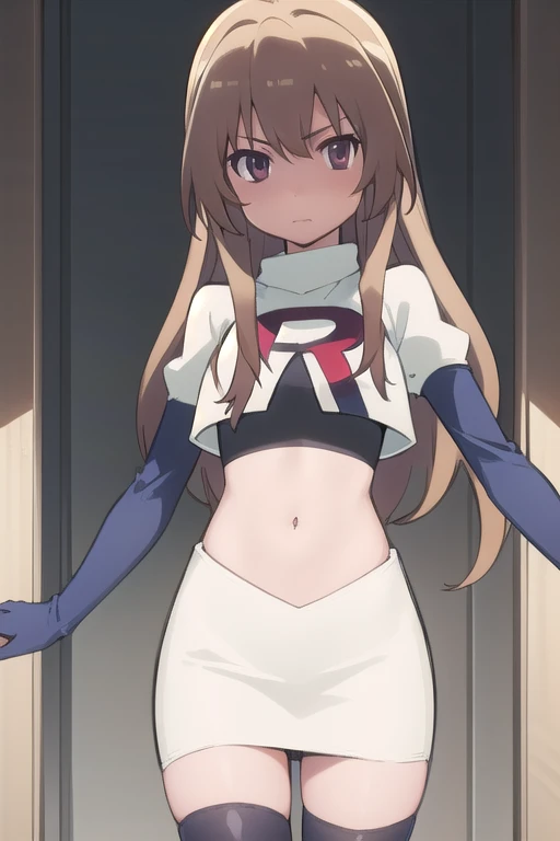 solo, 1girl, looking at viewer, 2D, anime, anime coloring, team rocket,team rocket uniform,white skirt,red letter R,crop top,black thigh-highs,black elbow gloves, taiga aisaka, oohashi, 