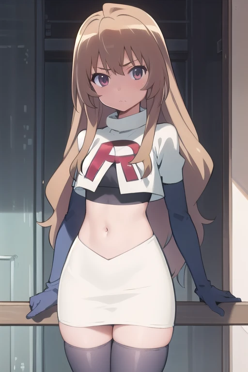 solo, 1girl, looking at viewer, 2D, anime, anime coloring, team rocket,team rocket uniform,white skirt,red letter R,crop top,black thigh-highs,black elbow gloves, taiga aisaka, oohashi,