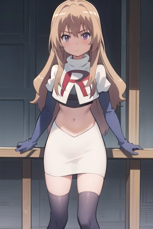 solo, 1girl, looking at viewer, 2D, anime, anime coloring, team rocket,team rocket uniform,white skirt,red letter R,crop top,black thigh-highs,black elbow gloves, taiga aisaka, oohashi,