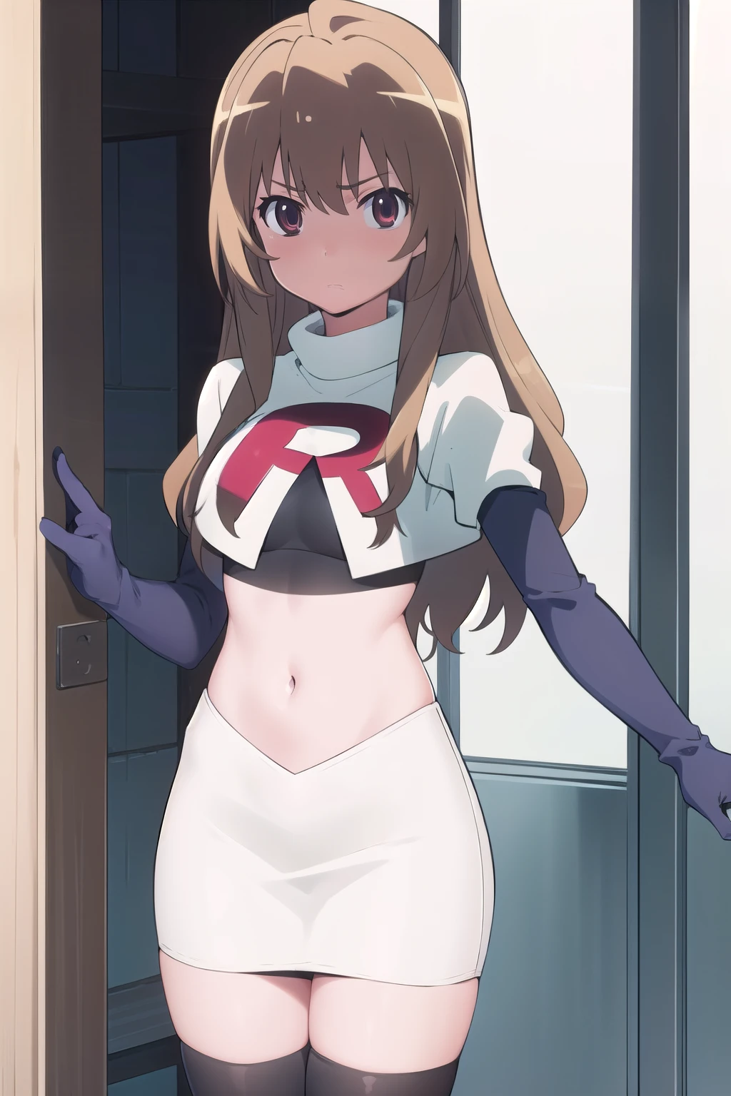 solo, 1girl, looking at viewer, 2D, anime, anime coloring, team rocket,team rocket uniform,white skirt,red letter R,crop top,black thigh-highs,black elbow gloves, taiga aisaka, oohashi, 