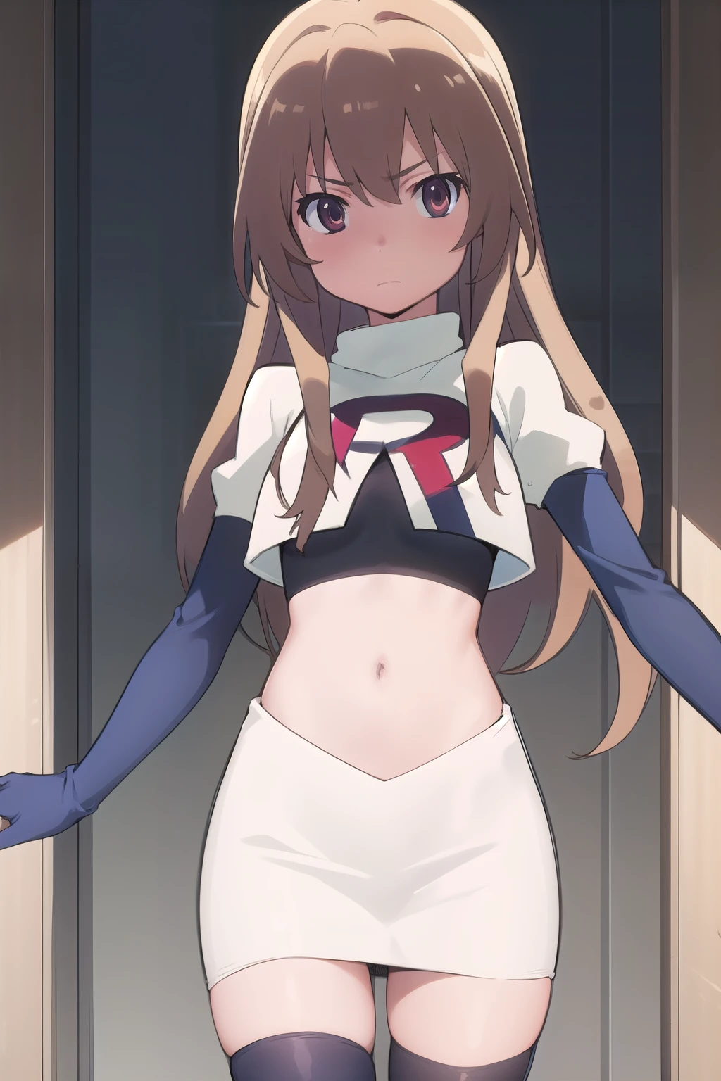 solo, 1girl, looking at viewer, 2D, anime, anime coloring, team rocket,team rocket uniform,white skirt,red letter R,crop top,black thigh-highs,black elbow gloves, taiga aisaka, oohashi, 