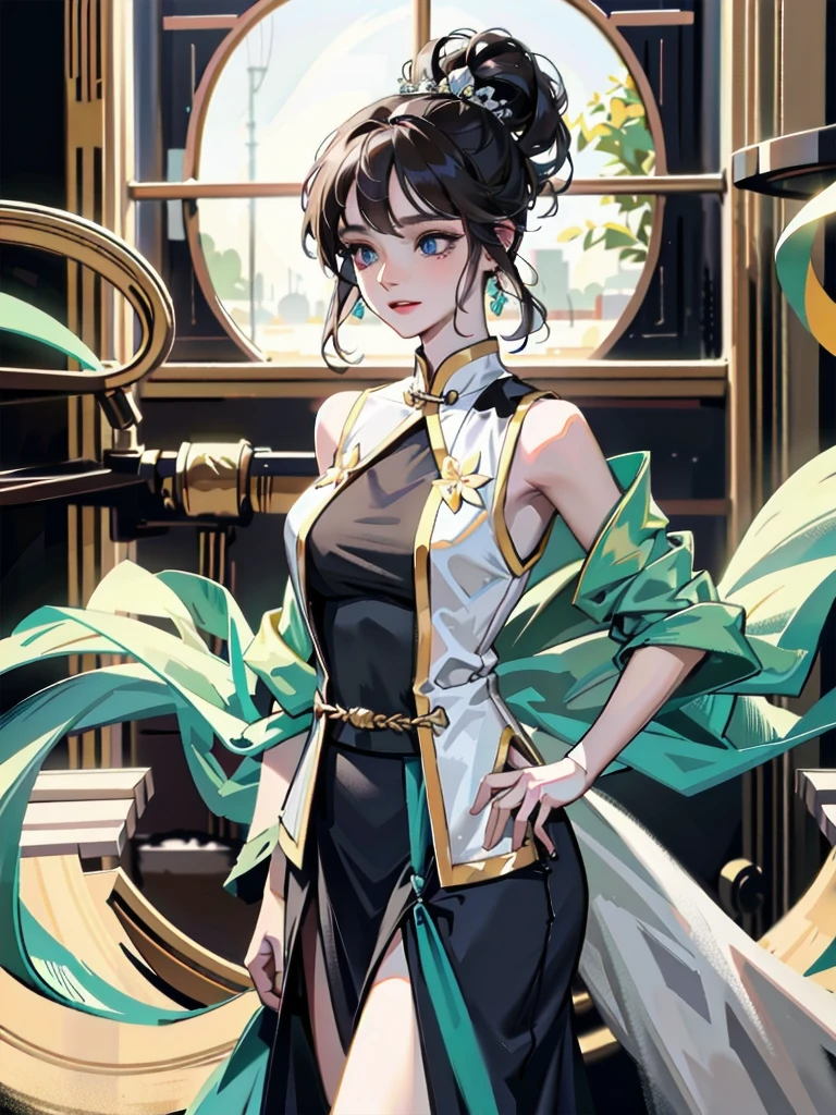 absurdres, RAW photo, extremely delicate and beautiful, masterpiece, Best Quality, ultra high resolution, 32k, hyperrealistic, ultra-detailed, detailed description, pale skin, 20 years old, detailed beautiful face and eyes, tearful mole, earring, very huge round breasts, short medium hair, wavy hair, full body shot, jewelry, skirt, hair adornments, Chinese clothes, sheer transparent clothes, 