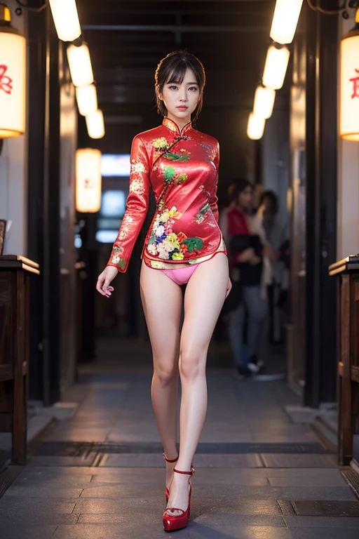 (((photorealistic))), ((realistic)), (ultra high definition), best quality, masterpiece, ray tracing, japanese female, ((super fine face)), 1 girl, cheongsam, upper body, looking at viewer, front view、legup、show her pantie、worst quality, low quality, blurry