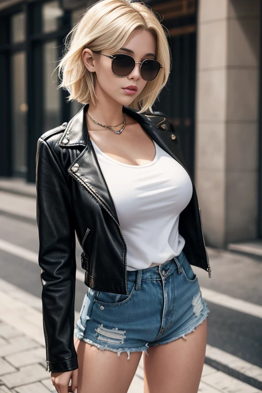 Very beautiful young woman, blonde, short disheveled hair, piercing, pigmented freckles, dark rimless sunglasses, short leather jacket, White Top, модные джинсы 👖 кроссовки, Stylish, erotic figure, Beautiful elastic breasts, photorealism, super quality, Super Detail, large nipples