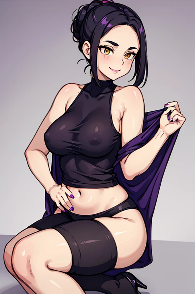 image of a 5'9ft tall woman, with dark black hair tied in a updo, pale skin and golden yellow eyes. wearing a silk violet tank top with a bra underneath her tank top, black pants and black heels. she has an athletic voluptuous body and has a small breast size. she has purple lipstick, purple painted fingernails. she has a seductive smile