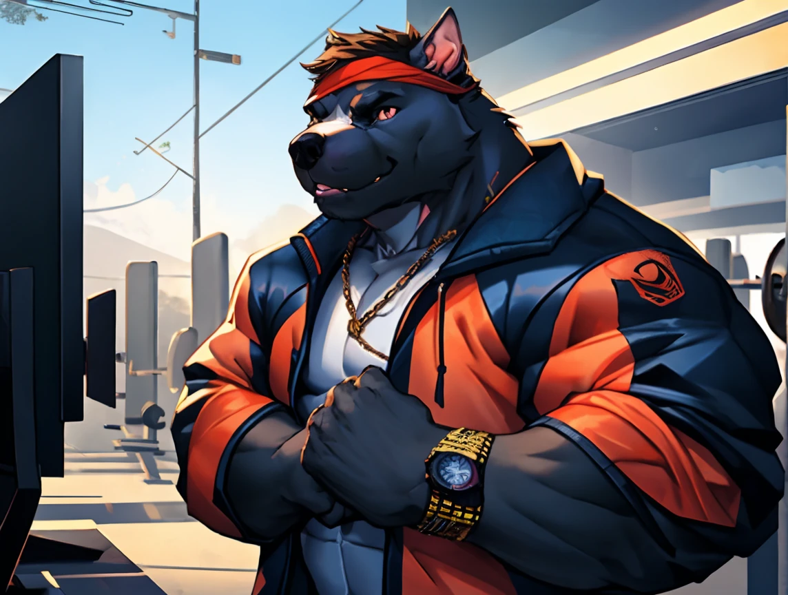 (((He has a Pit Bull head ))). Correndo na esteira. Absurdamente  Forte. Ele veste short de treino. bandana on neck, Watch & Bracelets. He wears gold chain around his neck.modern gym scene. Seu Corpo Pesa acima dos 180 quilos. Fotografia de corpo inteiro fotografia de Corpo completo. Luzes de neon decoram o ambiente. Luzes de led decoram o ambiente moderno da academia. Uma tv na parede ao fundo. 