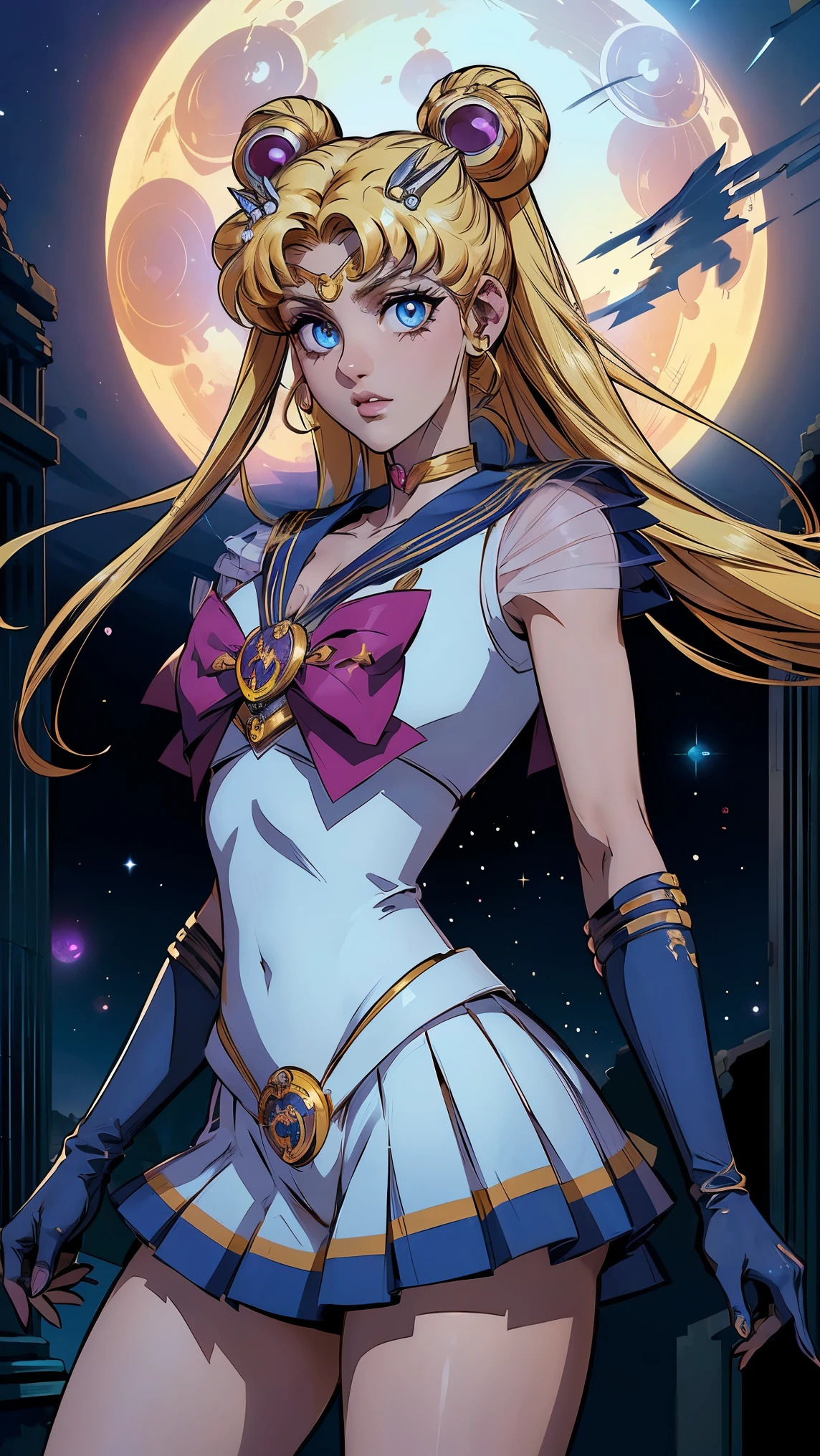 (La mejor calidad,A high resolution,Ultra - detallado,actual),  senshi sailor luna, Pretty Guardian Sailor Moon personaje manos en la espalda y sosteniendo el pelo y en el costado hay un broche, personaje detallado con cara detallada, ojos grandes, ,(Fondo de ruinas de mazmorra en ruinas Tokio cyberpunk :1.4 ), (sailor moon Luna :1.4), (sailor moon Luna V2.1), (dynamic pose), More detailed 8K.motor irreal:1.4,UHD,La mejor calidad:1.4, fotorrealista:1.4, textura de la piel:1.4, obra maestra:1.8,obra-prima, mejor calidad,objeto Objeto], (detailed face features:1.3),(Las proporciones correctas),(Ojos hermosos azules:1.4 ),  (pose vaquero),( face detailed:1.4), (dedos detailed :1.4), (de fondo luna gigante) 