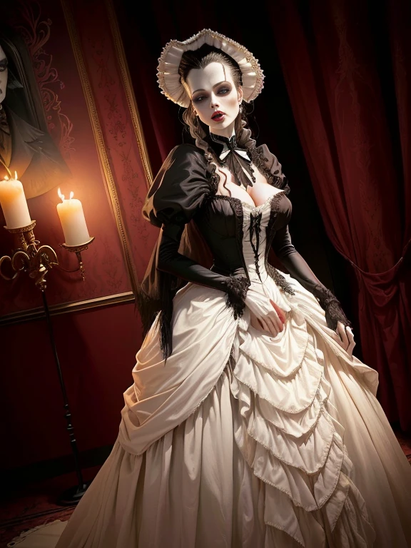 Creepy wax figure of a woman in a white dress, Animatronics Angelina Jolie, Spooky atmosphere, Inspired by Herbert James Gunn, Victorian Vampire, wax museum, elegant Victorian Vampire, Bride of Frankenstein, Haunted house, Madame Dimitrescu, horror animatronic, victorian day of the dead, Gothic Antique Theme, Eerily beautiful zombies
