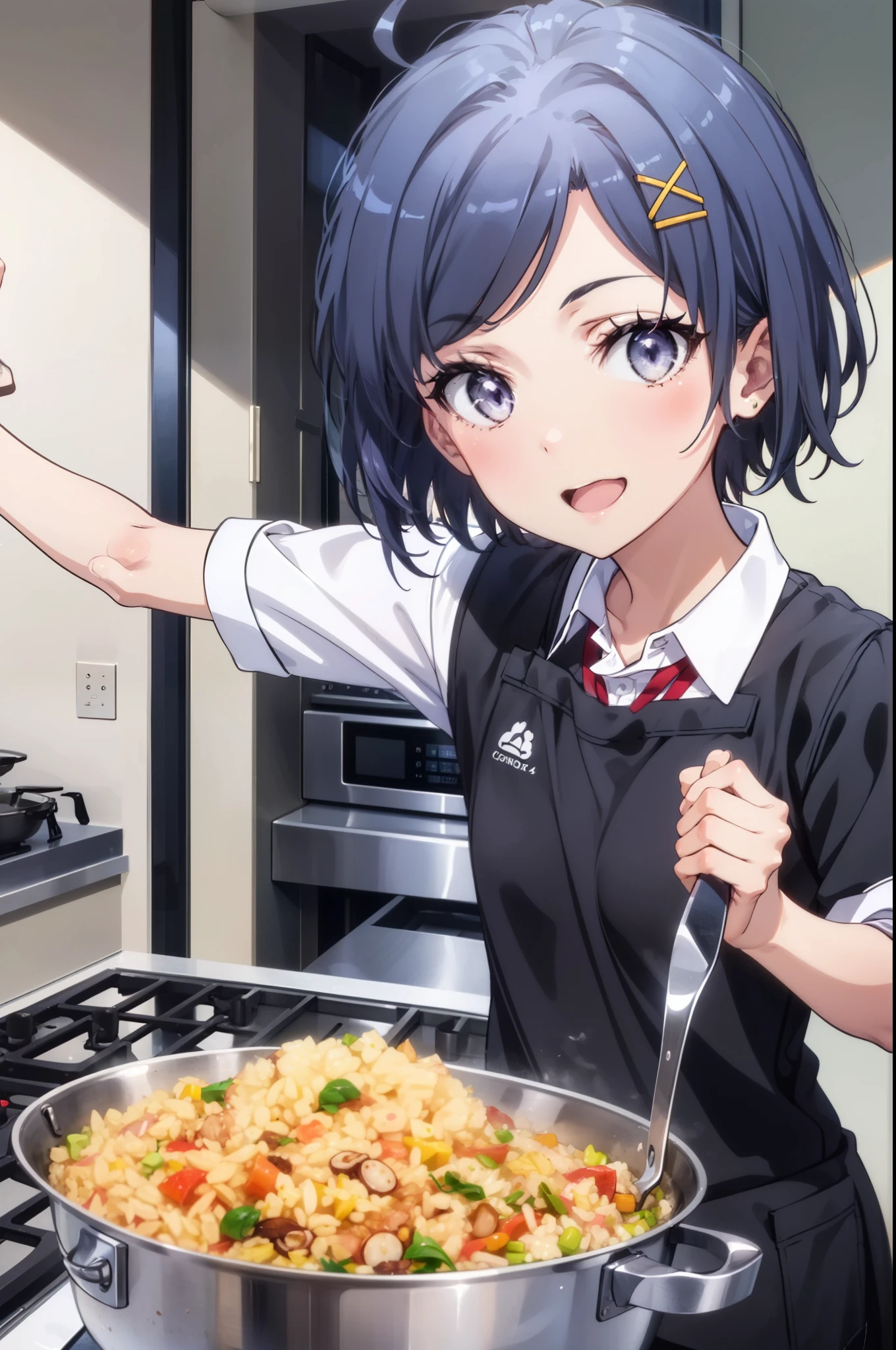 komachihikigaya, komachi hikigaya, short hair, Black Hair, hair ornaments, Ahoge, Hair Clip, x hair ornaments, (Purple eyes:1.1),tooth,happy smile, smile, Open your mouth,chef uniform, chef hat, chef, Zend 4y4, cooking, Chinese pan, fire, fried rice, Stove, フレームから足が外れている
break indoors, kitchen,
break looking at viewer, (Cowboy Shot:1.5),
break (masterpiece:1.2), highest quality, High resolution, unity 8k wallpaper, (shape:0.8), (Beautiful details:1.6), Highly detailed face, Perfect lighting, Extremely detailed CG, (Perfect hands, Perfect Anatomy),