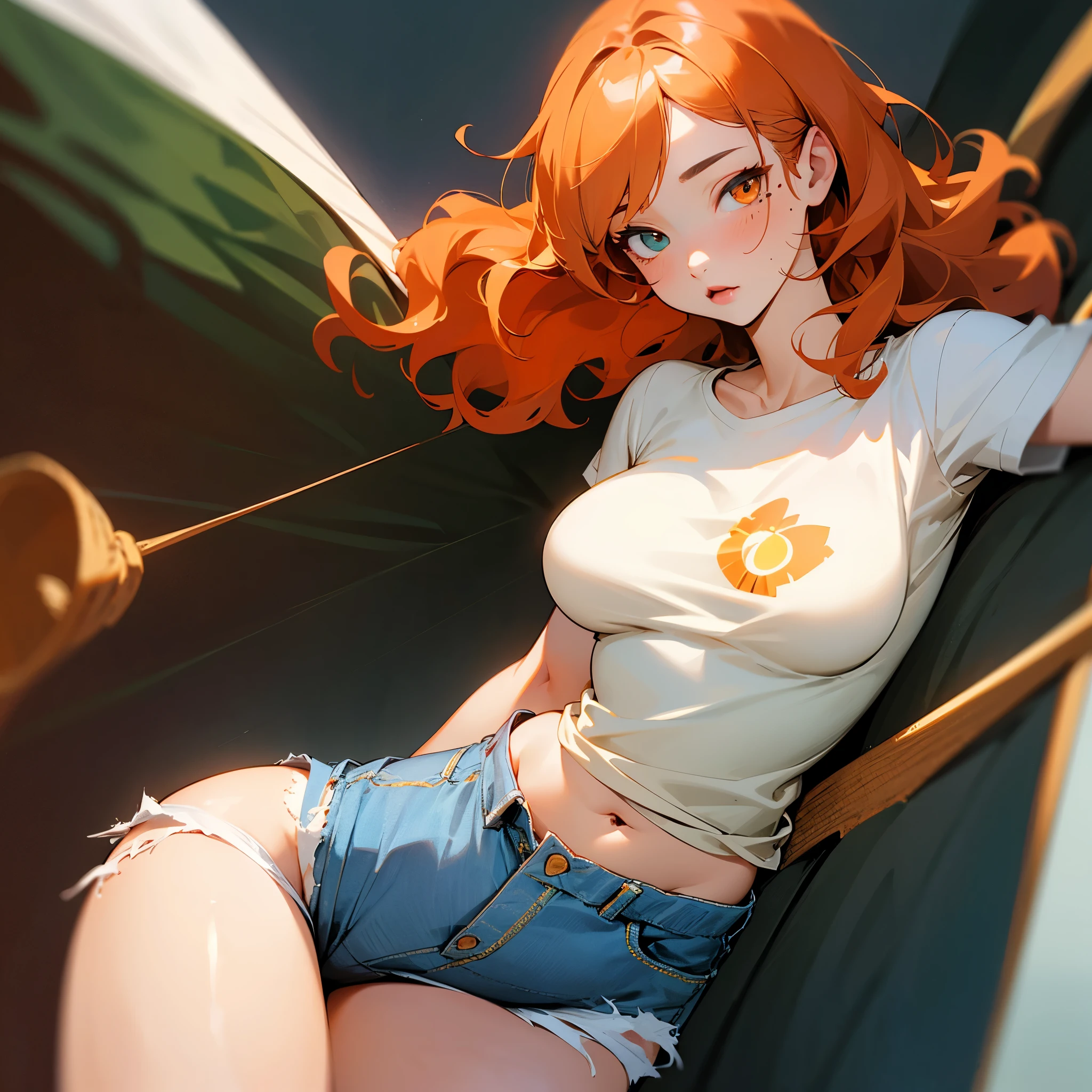 realistic, high resolution, 1 girl, orange wavy hair, Korea, Heterochromic eyes, Small mole under the eye, loose white shirt, skinny denim shorts, big breasts, thigh, Visible masterpiece underwear, realism ,eat watermelon
