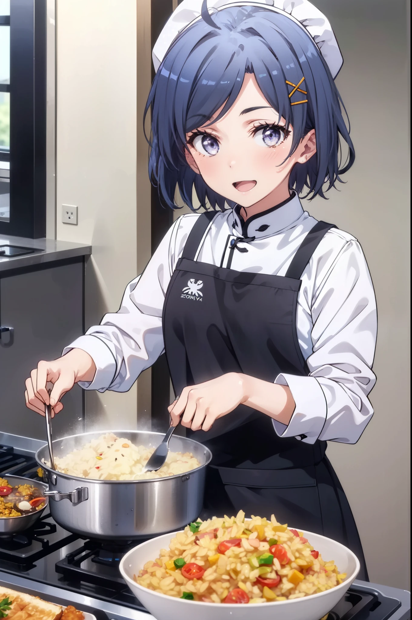 komachihikigaya, komachi hikigaya, short hair, Black Hair, hair ornaments, Ahoge, Hair Clip, x hair ornaments, (Purple eyes:1.1),tooth,happy smile, smile, Open your mouth,chef uniform, chef hat, chef, Zend 4y4, cooking, Chinese pan, fire, fried rice, Stove, フレームから足が外れている
break indoors, kitchen,
break looking at viewer, (Cowboy Shot:1.5),
break (masterpiece:1.2), highest quality, High resolution, unity 8k wallpaper, (shape:0.8), (Beautiful details:1.6), Highly detailed face, Perfect lighting, Extremely detailed CG, (Perfect hands, Perfect Anatomy),