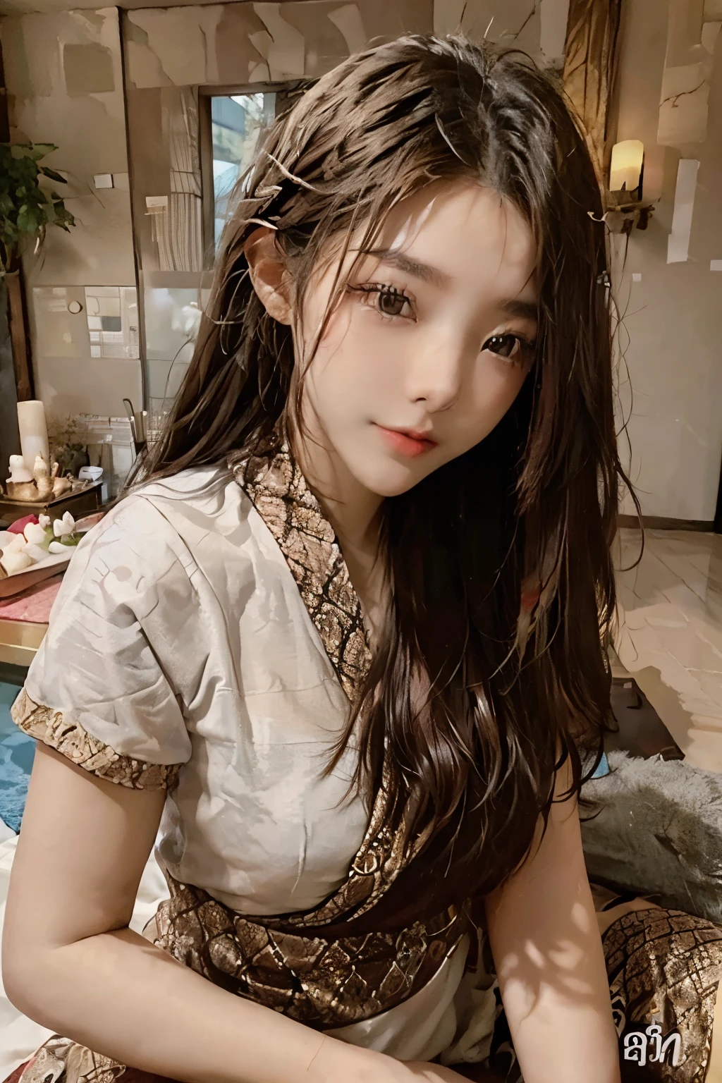 ((best quality)), ((masterpiece)), (detailed), perfect face,Girl lying down in Thai massage parlor, korean beauty, Cover your body with a large towel, (Overhead shot), thai massage,