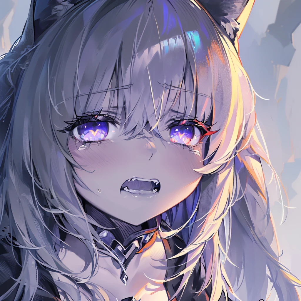 (masterpiece,best quality,ultra-detailed),1girl,open mouth, sharp teeth, fangs,wolf ears,beautiful and detailed face, detailed eyes,looking at viewer,,((grey theme),((depression, sadness, melancholy)),tired expression,sad,swollen eyelids,((very close up)),criying,a dark cave in the background