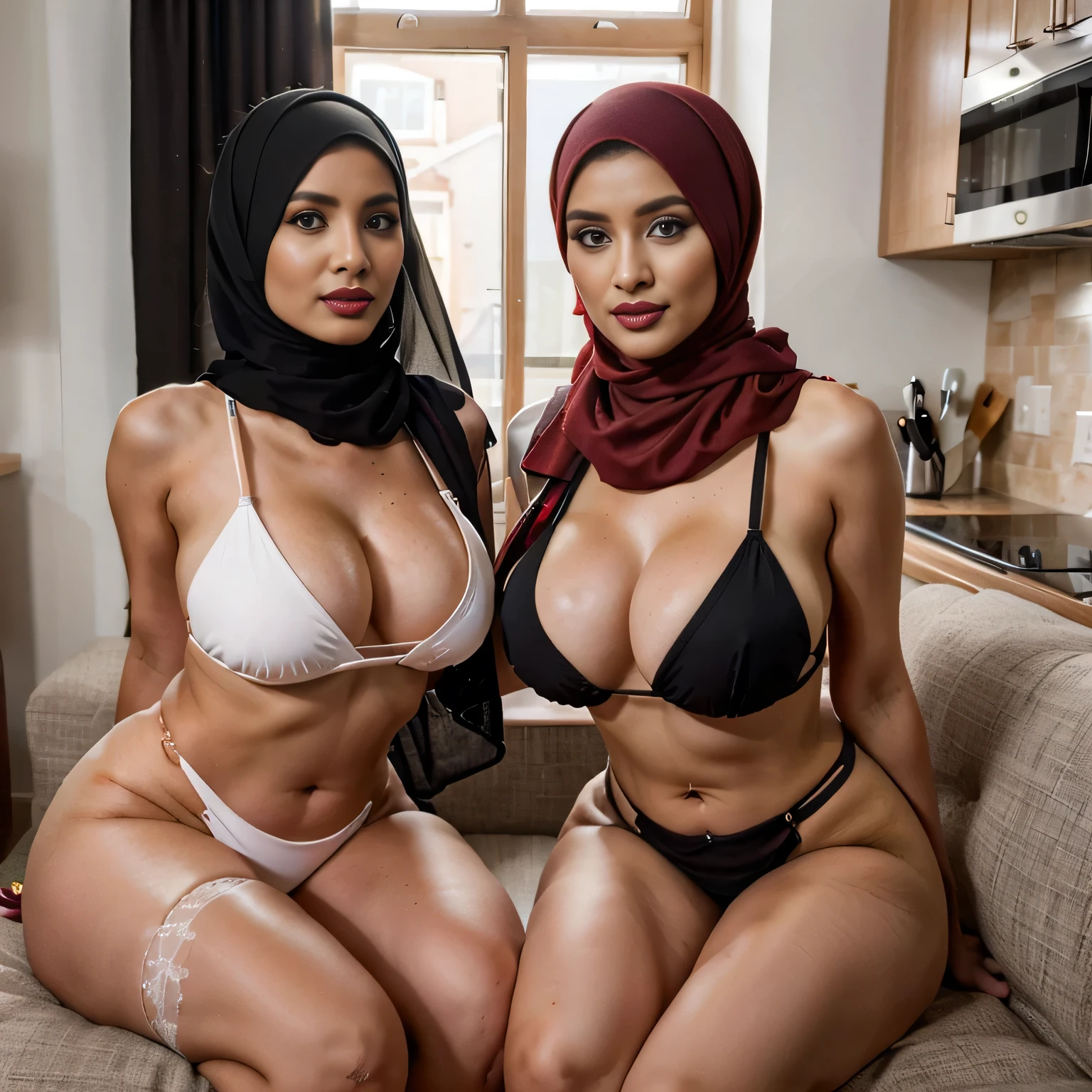 (portrait), Two hourglass figue mature (hijabi) (Muslim) brides, both 40 years old and mothers, confidently (seated side by side) on the sofa kitchen. Their natural bodies, adorned in (hijab) wedding style, displayed their shared height and body proportions. Not conforming to traditional norms, they both wore exquisite (daring micro bikinis), beautifully complemented by (stockings). With a touch of rebellion, they showcased their individuality and confidence, breaking stereotypes while still embracing their cultural identity. The brides' full makeup enhanced their features, with mascara, eye shadow, eye liner, and striking red lips, adding a touch of glamour to their already stunning appearance., skin texture, ultra high res, RAW, instagram LUT, masterpiece, best quality, ultra-detailed, ultra high resolution, RAW, 4k, (looking at viewer), extremely detailed eyes and face, ((beautiful detailed nose)), ((beautiful detailed thigh)), ((beautiful detailed eyes)), perfect body proportion, (looking at the camera), (smile), smirk, red lips, (SFW:1.5), both wearing stockings, both wearing hijabs, ((bare belly's))