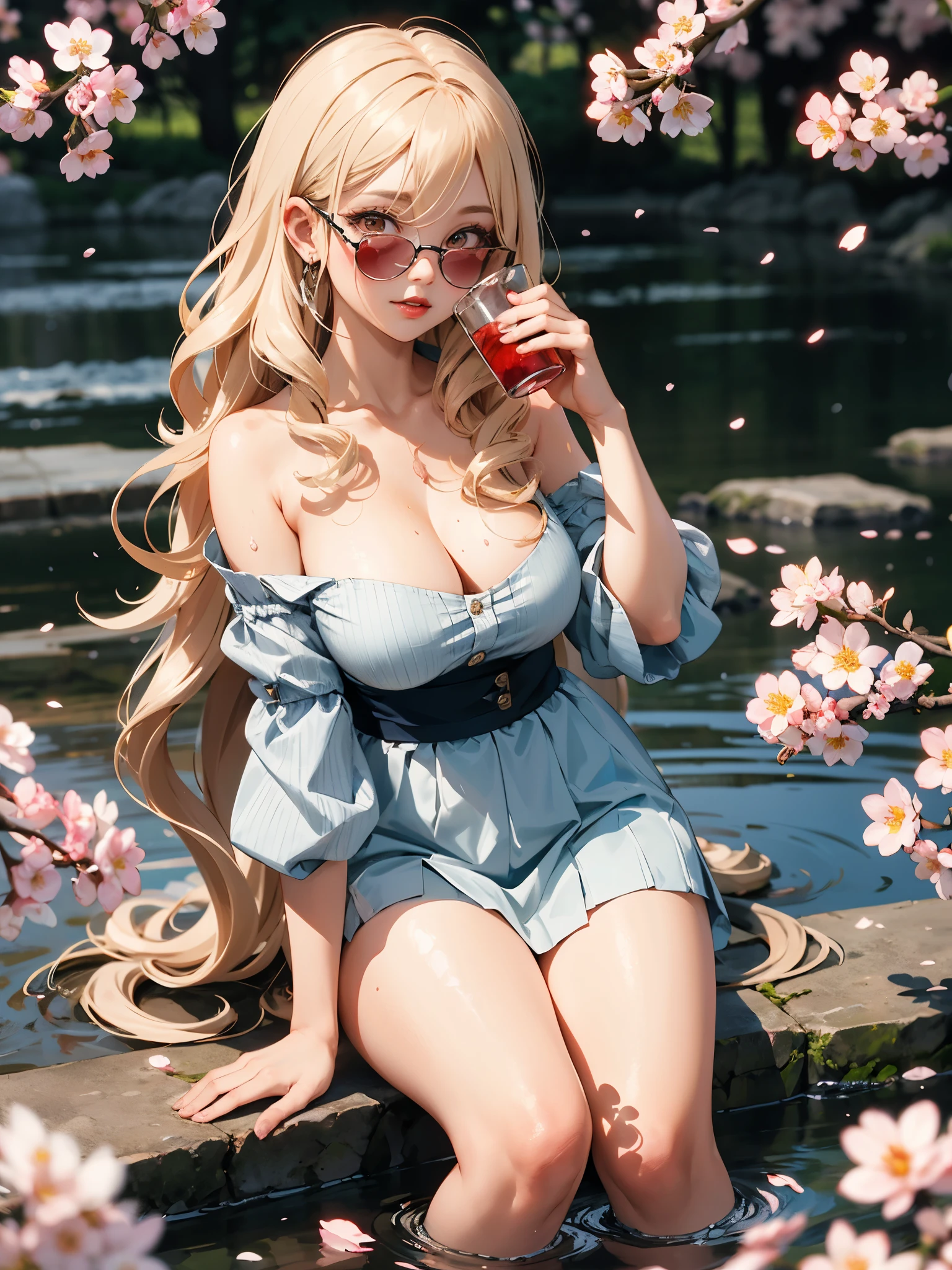 1girl, draped himation, shoulder, super detailed texture, detailed face, drinking hemlock water, ancient, scholar, blonde wavy hair, bangs, bright red rouge lips, (huge breasts:0.8), (thick thighs:0.9), (obese body:0.8), (fat thighs:0.6), (wide hips:0.8), big eyes, 8k, photorealistic, cherry tree in full bloom, falling cherry blossom petals, looking at viewer, (9yo, cute:1.4), 