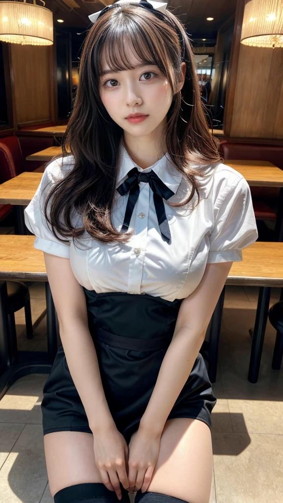 muste piece, best quality, illustration, Super detailed, fine details, High resolution, 8K,wall paper, perfect dynamic composition,(Details High quality, realistic depiction of eyes:1.3), waitress uniform, restaurant, (wavy hair:1.2)、black hair color, Big Natural Color Lip, acrobatic pose, crying a little、cold gaze, Harajuku style、20 year old girl、cute type、lolita、beautiful legs, gravure idol, Voluptuous thighs, large breasts