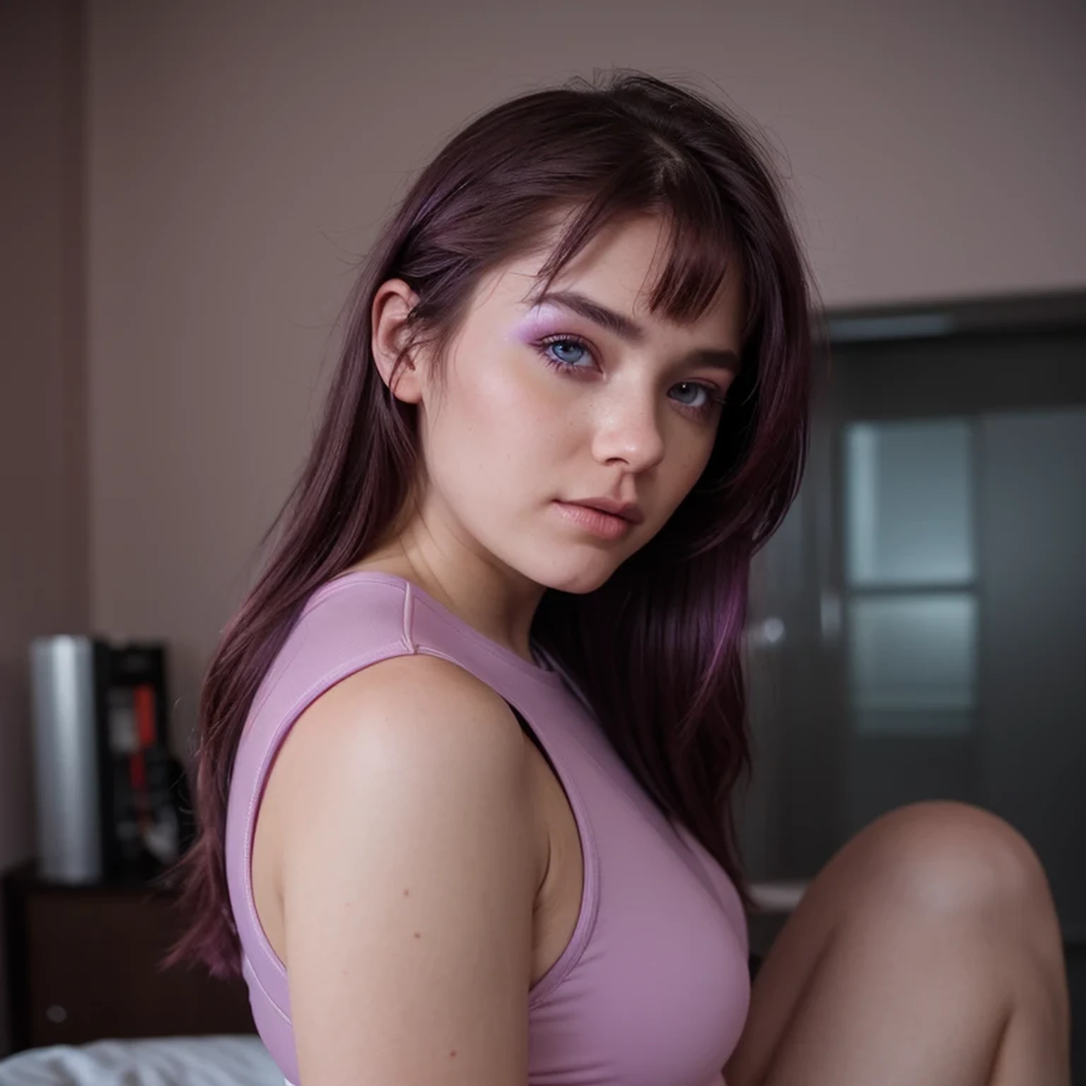 photo of a college student, Purple-Pink Gradient, futuristic space suit, (Color tattoo:0.8) cute face, sci-fi, dystopian, detailed eyes, Heterochromia eyes（（Side view））Back Room，Breething burgundy hair