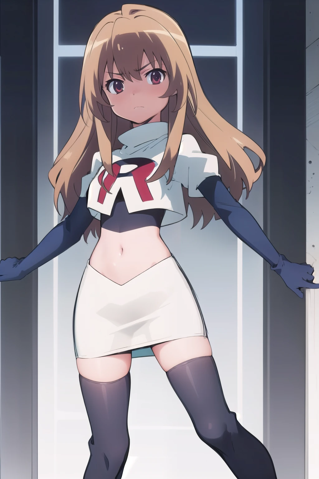 solo, 1girl, looking at viewer, 2D, anime, anime coloring, team rocket,team rocket uniform,white skirt,red letter R,crop top,black thigh-highs,black elbow gloves, taiga aisaka, oohashi, 