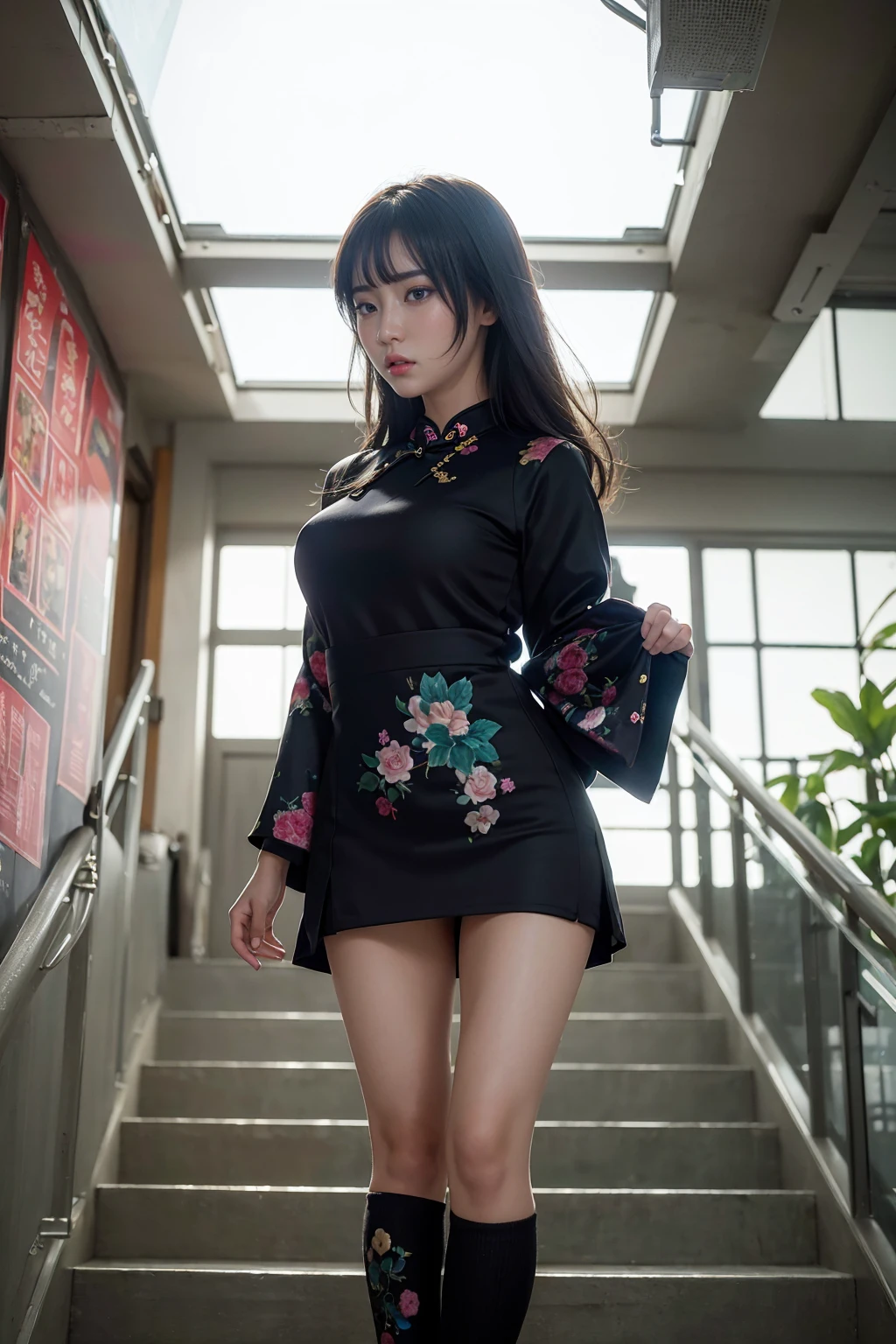 (((photorealistic))), ((realistic)), (ultra high definition), best quality, masterpiece, ray tracing, japanese female, ((super fine face)), 1 girl, cheongsam, upper body, looking at viewer, front view、legup、show her pantie、worst quality, low quality, blurry