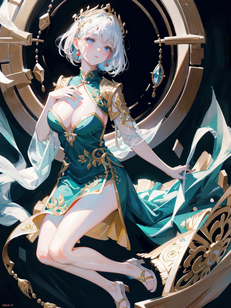 absurdres, RAW photo, extremely delicate and beautiful, masterpiece, Best Quality, ultra high resolution, 32k, hyperrealistic, ultra-detailed, detailed description, pale skin, 20 years old, detailed beautiful face and eyes, tearful mole, earring, very huge round , short medium hair, wavy hair, full body shot, jewelry, skirt, hair adornments, Chinese clothes, sheer transparent clothes,