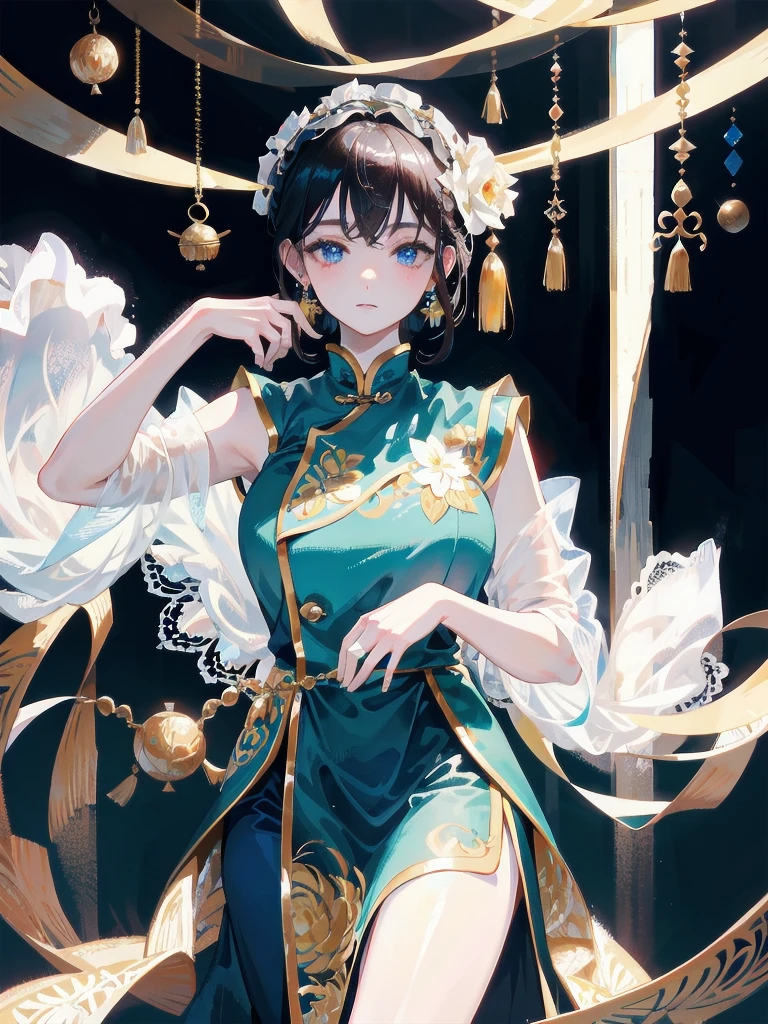 absurdres, RAW photo, extremely delicate and beautiful, masterpiece, Best Quality, ultra high resolution, 32k, hyperrealistic, ultra-detailed, detailed description, pale skin, 20 years old, detailed beautiful face and eyes, tearful mole, earring, very huge round breasts, short medium hair, wavy hair, full body shot, jewelry, skirt, hair adornments, Chinese clothes, sheer transparent clothes, 