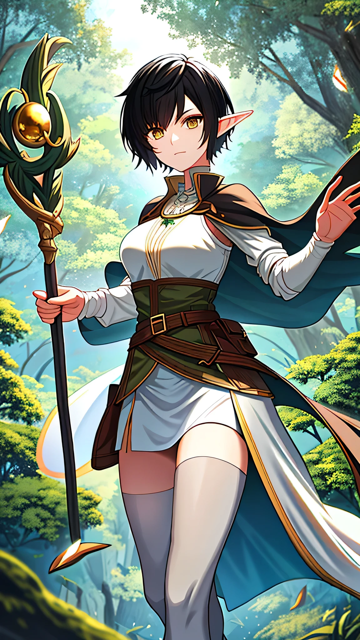 An elf woman with short black hair and brown eyes holding a magical staff in the forest flying wearing an all-white outfit 