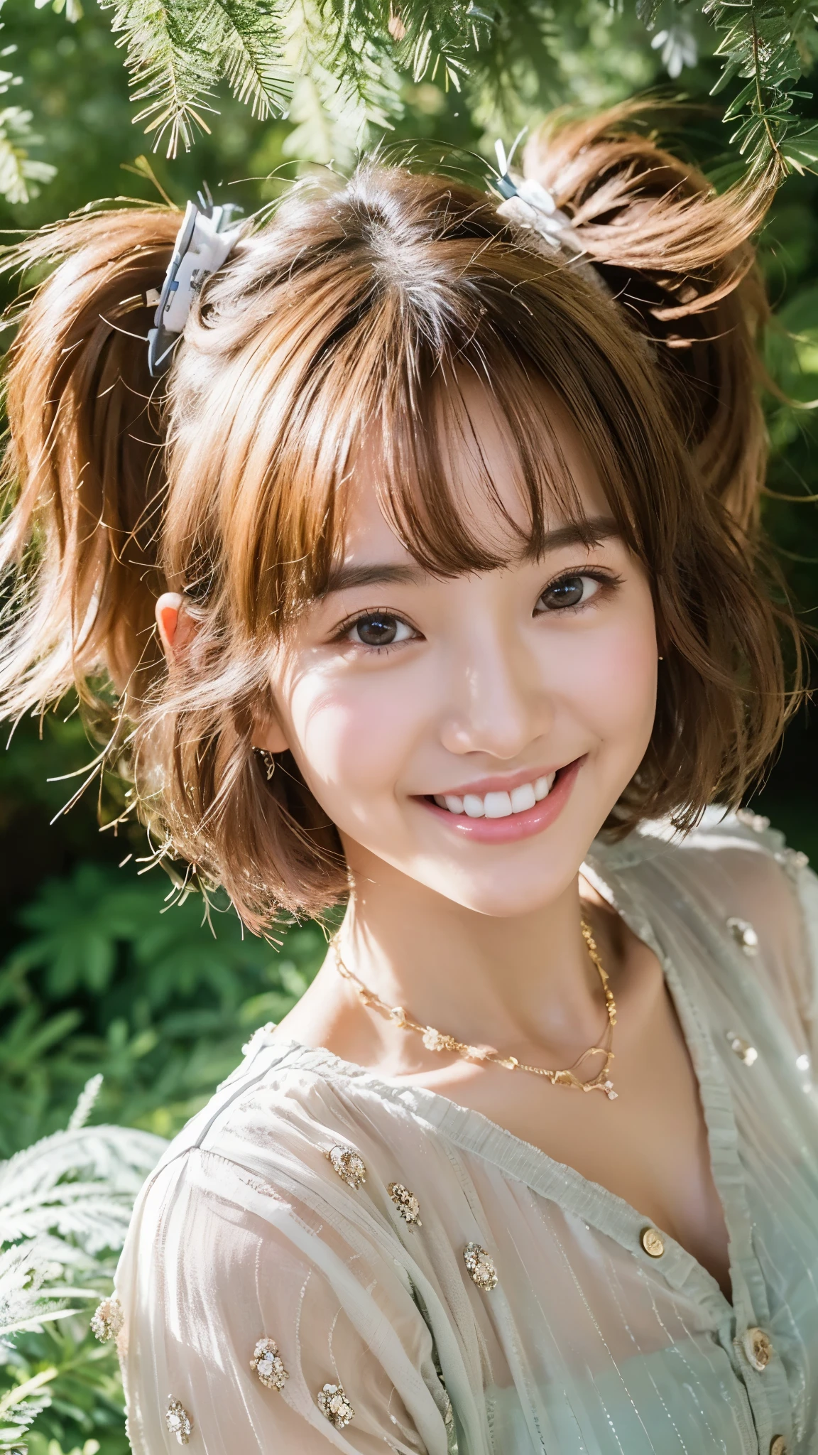 (highest quality、8k、32k、masterpiece、Hmph:1.2)、(((Brown Short Bob)))、((smile))、(((I'm showing my teeth and smiling,)))、Cute Japanese Women Photos、Soft looking breasts、No bra、Ample breasts、Face Focus、White T-shirt、necklace、One carnation、From above、Looking at the audience、Dynamic Shadows、blonde、Wet shiny hair、Shine, Watery eye、