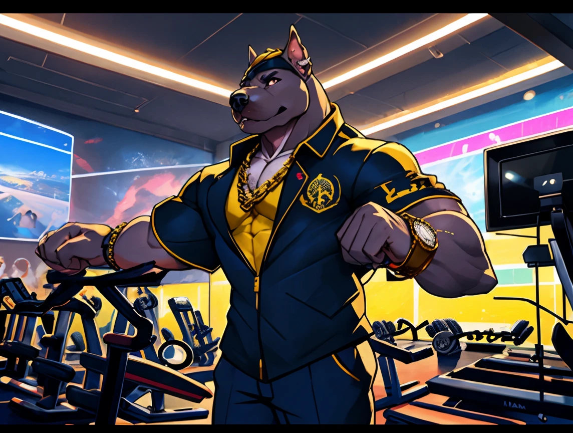 (((He has a Pit Bull head ))). Correndo na esteira. Absurdamente  Forte. Ele veste short de treino. bandana on neck, Watch & Bracelets. He wears gold chain around his neck.modern gym scene. Seu Corpo Pesa acima dos 180 quilos. Fotografia de corpo inteiro fotografia de Corpo completo. Luzes de neon decoram o ambiente. Luzes de led decoram o ambiente moderno da academia. Uma tv na parede ao fundo. 