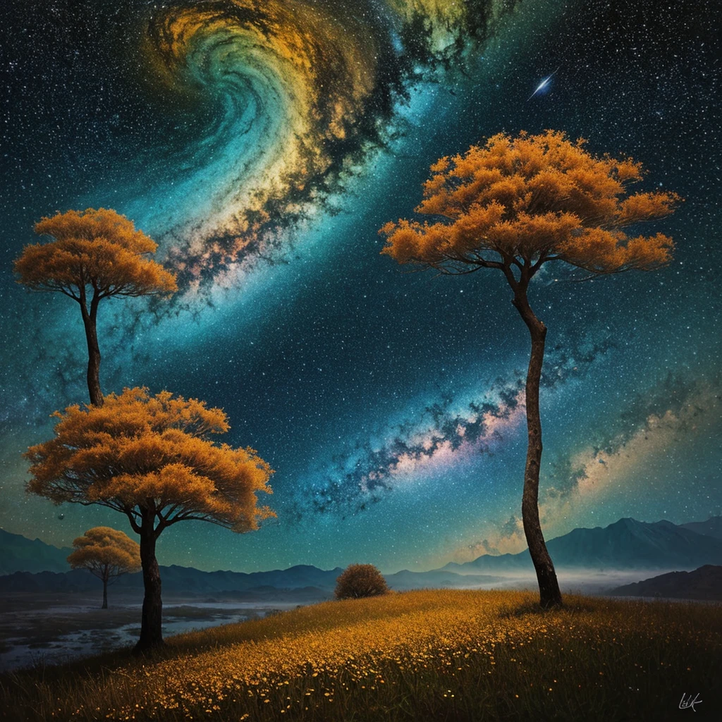 Description of the work:
Imagine uma paisagem celestial onde os elementos da natureza se fundem em perfeita harmonia. in the center of the composition, There is a majestic tree with golden leaves that shine like stars. The tree&#39;s branches stretch gracefully to the sky, onde a lua e as estrelas cintilam em tons de azul e prata.

Cores e Texturas:
A paleta de cores inclui tons suaves de azul, dourado e prateado, creating an ethereal and heavenly atmosphere. Textures are subtle and fluid, com pinceladas delicadas que sugerem movimento e energia.

Elementos da Natureza:
Beyond the central tree, the landscape is adorned with elements of nature, como flores brilhantes, riachos cristalinos e montanhas imponentes ao fundo. Each element is represented with precise detail and a sense of serenity and tranquility.

emotional expressions:
The work conveys a feeling of peace and serenity, convidando o espectador a contemplar a beleza da natureza e se conectar com o divino. the expressions of the characters (se houver) reflect a sense of wonder and reverence at the grandeur of the universe.

Technique and Style:
The work is created using a traditional painting technique, using layers of oil paint on canvas to create depth and texture. The style is influenced by impressionism and symbolism, combining realistic elements with a poetic and metaphorical approach.

Significado e Mensagem:
"Harmonia Celestial" represents the spiritual connection between man and nature, lembrando-nos da beleza e da grandiosidade do universo. The work invites the viewer to reflect on their own relationship with the divine and find peace and inspiration in the beauty of creation..